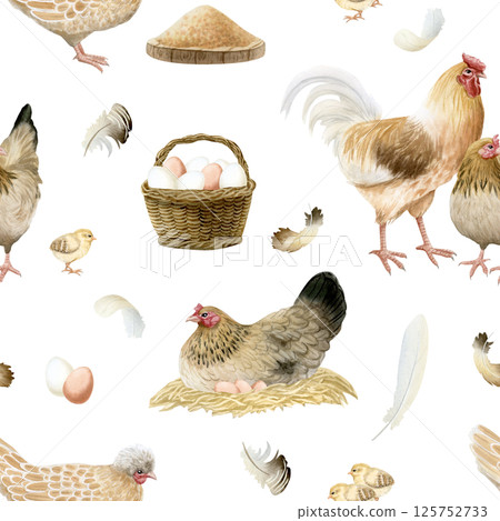 Village chickens, rooster and chicks with eggs and feathers watercolor seamless pattern on white. Poultry yard birds for farm designs. Realistic fowls repeat background for pastel beige fall designs 125752733
