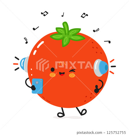 Animated tomato character listening to music with headphones and a smartphone, surrounded by musical notes. 125752755