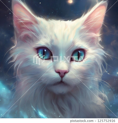 Fantasy illustration of a cat floating in a starry sky AI image 125752916
