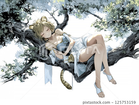 Illustration material of a cheetah fairy taking a nap on a tree 125753159