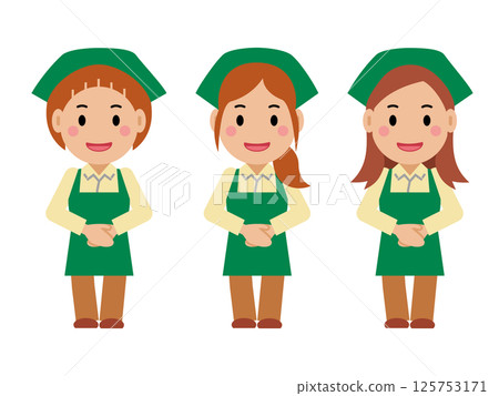 A young woman in a green apron smiling with her hands folded in front of her. Part 2 A young woman in a green apron smiling with her hands folded in front of her. Part 2 125753171