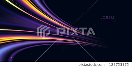 Elegant glowing purple and yellow curved rays on dark background. 125753575