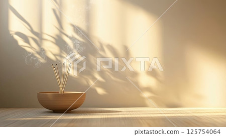 Rustic Wooden Bowl with Incense Sticks on Table 125754064