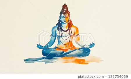 Meditation of Lord Shiva portrayed in tranquil watercolor style on a simple white background evoking peace and spirituality Meditation of Lord Shiva portrayed in tranquil watercolor style on a simple white background evoking peace and spirituality 125754069