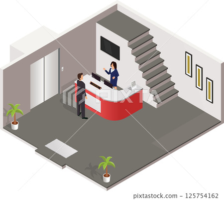 Isometric Lobby Reception With Stairs and Lift Isometric Lobby Reception With Stairs and Lift 125754162