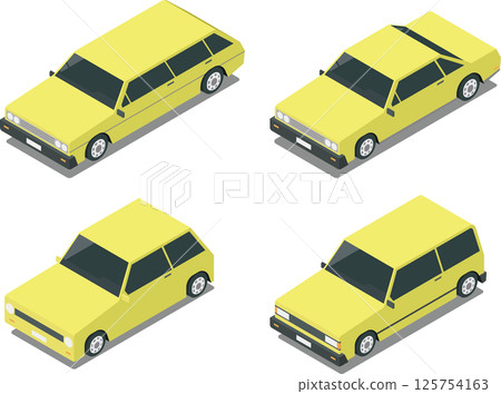 Isometric cars, old, retro cars, classic sedan, hatchback transportation 125754163