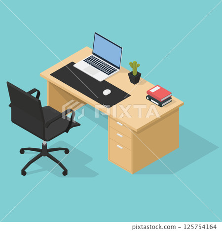 Isometric illustration of office desk with laptop, books, chair and plants Isometric illustration of office desk with laptop, books, chair and plants 125754164
