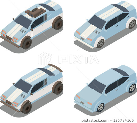 Isometric cars, post-apocalyptic style, racing stripe cars 125754166