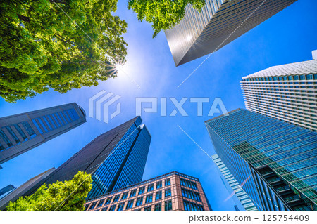 Tokyo cityscape in May, Japan. View of the Otemachi business district including Haro and Otemachi Tower. 125754409