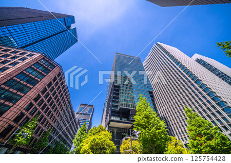 Tokyo cityscape in May, Japan. View of the Otemachi business district including Haro, Otemachi Tower, and the Sankei Shimbun building. 125754428