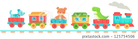 Cheerful toy train with colorful carriages carrying a dog, a teddy bear, and a dinosaur is chugging along the rails, bringing joy and imagination to playtime 125754506