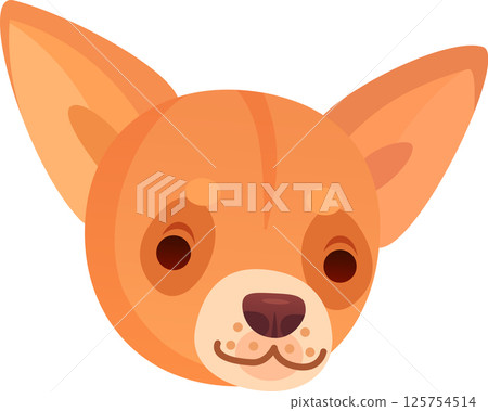 Cartoon illustration featuring an adorable chihuahua dog face, showcasing big ears, bright brown eyes, and a light brown nose, gazing forward against a clean white background 125754514