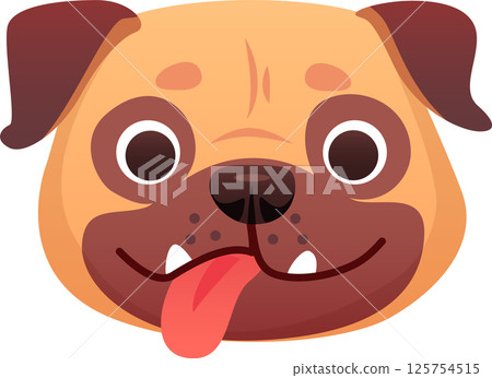 Close up of a cheerful pug dog, playfully sticking out its tongue and flashing a big smile, creating a friendly and humorous cartoon style image against a clean white background 125754515