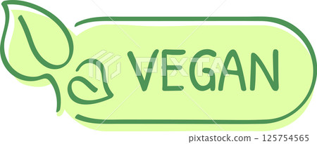 Green label featuring the word vegan in bold letters, accompanied by a stylized leaf illustration, symbolizing plant based and eco friendly products Green label featuring the word vegan in bold letters, accompanied by a stylized leaf illustration, symbolizing plant based and eco friendly products 125754565