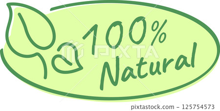 Oval green label featuring stylized leaves and bold text proclaiming 100 percent Natural, emphasizing a commitment to a healthy lifestyle and eco friendly products 125754573