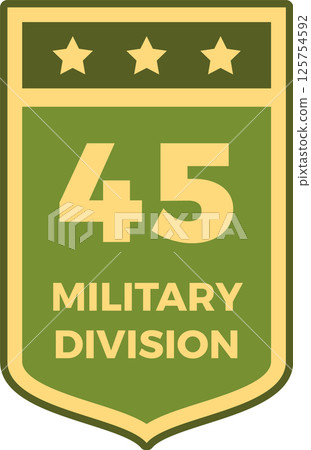 Green and beige military patch representing the 45th division with three stars at the top indicating high achievement and excellence in service 125754592