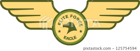 Bold emblem featuring an eagle silhouette and stars, symbolizing strength and excellence. The design includes stylized wings, conveying speed and freedom, ideal for military or aviation themes Bold emblem featuring an eagle silhouette and stars, symbolizing strength and excellence. The design includes stylized wings, conveying speed and freedom, ideal for military or aviation themes 125754594
