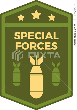 Military patch featuring special forces design with three bombs and three stars, set against a green hexagonal background adorned with striking yellow lettering Military patch featuring special forces design with three bombs and three stars, set against a green hexagonal background adorned with striking yellow lettering 125754595