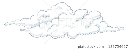 Vector illustration of a large fluffy Cloud in outline style with linear hatching. Outline pastel blue drawing of mist for sky scenes or dreamy backgrounds. Engraved sketch of weather element. Vector illustration of a large fluffy Cloud in outline style with linear hatching. Outline pastel blue drawing of mist for sky scenes or dreamy backgrounds. Engraved sketch of weather element. 125754627