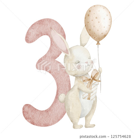 Watercolor Bunny standing with gift and balloon near a number three. Watercolor illustration of cute Rabbit for baby monthly Milestone or Birthday greeting cards in beige pastel colors. 125754628