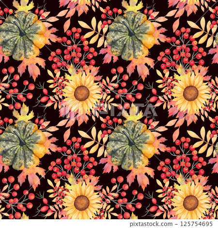Pumpkin with maple leaves, rowan berries and sunflower. Seamless autumn pattern. Botanical watercolor illustration. Hand drawn isolated background. For holidays Thanksgiving, Halloween, fabrics. 125754695