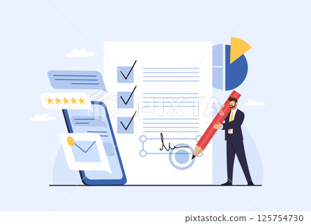 Businessman signs documents in the application on the phone. Manager signs the contract, modern technologies in business. Flat cartoon vector illustration. 125754730