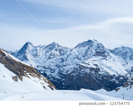 Muerren, Switzerland - February 18tht 2024: Beautiful view from the skiing resort towards high alpine peaks Muerren, Switzerland - February 18tht 2024: Beautiful view from the skiing resort towards high alpine peaks 125754775