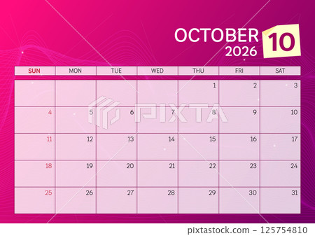 October 2026 Calendar. Week start on Sunday. Desk calendar 2026 design, simple and clean design, Wall calendar for print, digital calendar, Corporate design planner template vector. 125754810