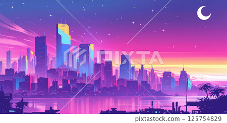 A fantastical moon and stars floating in the night sky of a futuristic city surrounded by buildings | A dreamlike city with beautiful neon colors 125754829