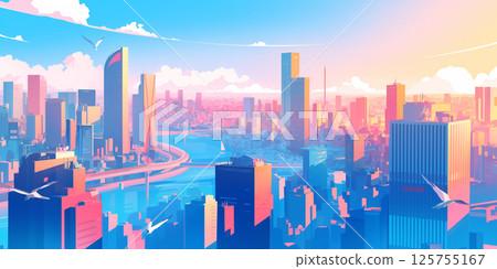 An illustration of a cityscape in bright tones, with an abstract silhouette of a modern city and a highly saturated sky blending together in a fantastical way. 125755167