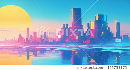A futuristic cityscape with a harmonious blend of gradient sky and colorful buildings. The harmony of architecture, sky and colors is appealing. 125755173