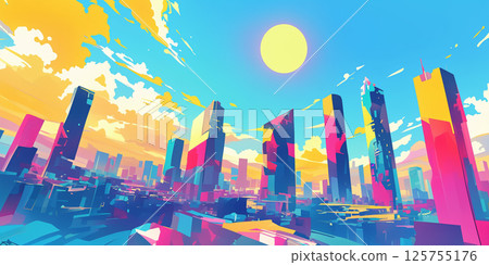 A futuristic cityscape with a harmonious blend of gradient sky and colorful buildings. The harmony of architecture, sky and colors is appealing. 125755176