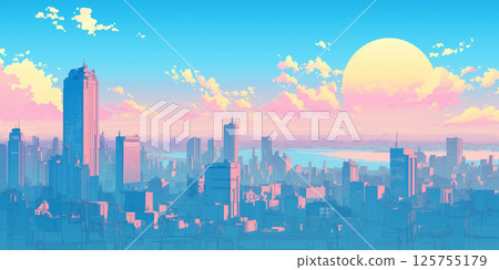 A fantasy-style cityscape illustration of a futuristic city with skyscrapers and a twilight skyline, woven with light and shadow. 125755179