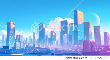 一幅奇幻風格的城市景觀插圖,描繪了一座未來城市,摩天大樓和黃昏天際線交織著光影。 一幅奇幻風格的城市景觀插圖,描繪了一座未來城市,摩天大樓和黃昏天際線交織著光影。 125755185