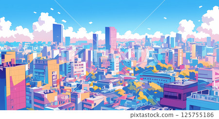 A fantasy-style cityscape illustration of a futuristic city with skyscrapers and a twilight skyline, woven with light and shadow. 125755186