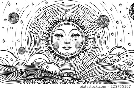 Sky coloring for adults sun with face, universe with planets, stars and clouds, esoteric zodiac poster, horoscope, tarot. Vector illustration of poster. 125755197