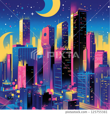 城市插圖,摩天大樓色彩鮮豔,夜空中的新月營造出夢幻般的風景 |寂靜與閃耀 城市插圖,摩天大樓色彩鮮豔,夜空中的新月營造出夢幻般的風景 |寂靜與閃耀 125755381