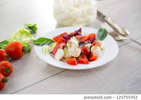 Fresh vegetables and mozzarella cheese in a plate Fresh vegetables and mozzarella cheese in a plate 125755452