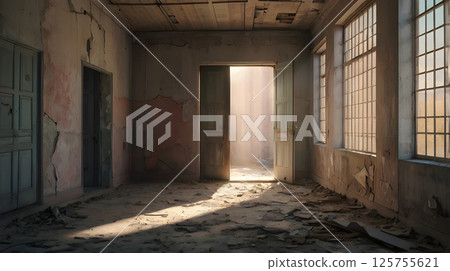 Sunbeams Streaming Through Open Door in Abandoned Building 125755621