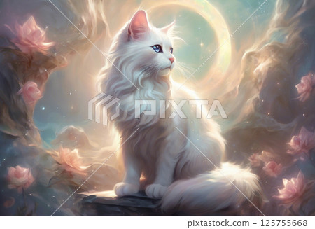 Fluffy white cat in a fantastical landscape AI image 125755668