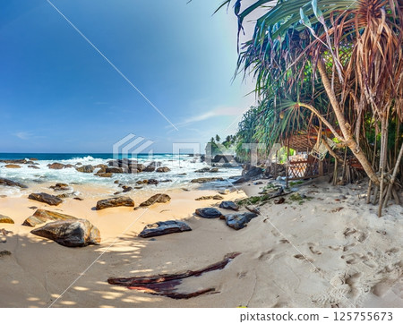 Tropical Silent Beach in Sri Lanka with turquoise sea, palm trees and white sand Tropical Silent Beach in Sri Lanka with turquoise sea, palm trees and white sand 125755673