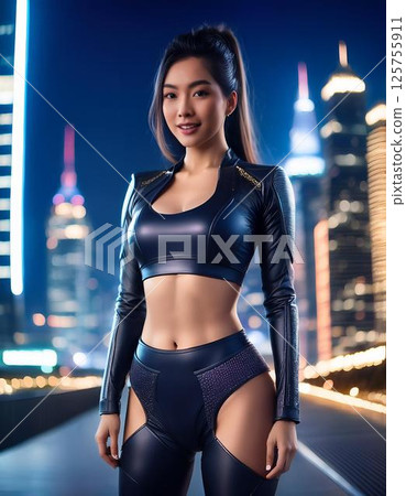 穿著緊身連身衣的美麗女人 穿著緊身連身衣的美麗女人 125755911