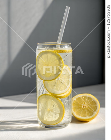 Glass of sparkling lemon water with ice and straw on sunny table, refreshing summer citrus drink in natural light 125755938