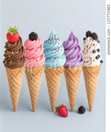 Five Colorful Ice Cream Cones with Toppings 125755965