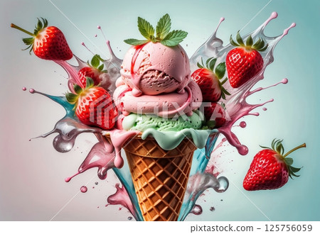 Strawberry fresh cold ice cream in waffle cone on pastel blue background Strawberry fresh cold ice cream in waffle cone on pastel blue background 125756059