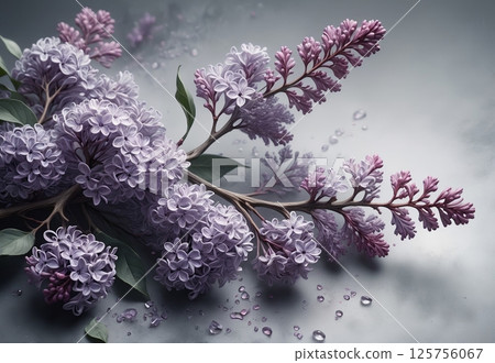 Spring lilac with leaves on a gray background with copy space Spring lilac with leaves on a gray background with copy space 125756067