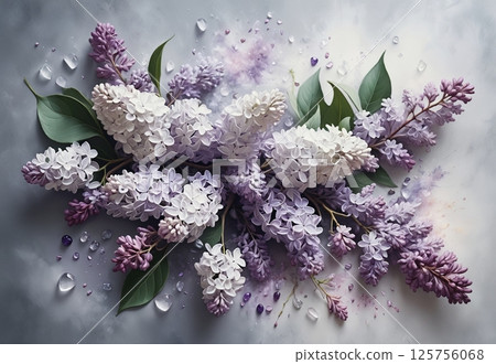 Spring lilac with leaves on a gray background with copy space 125756068
