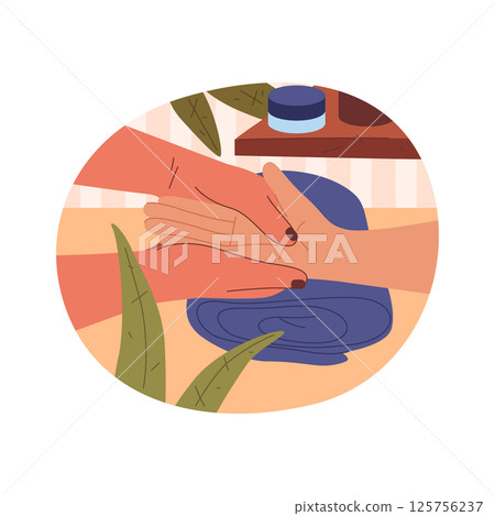 Hand massage poster or palm therapy illustration. Flat vector banner for spa or beauty salon. Skin care and tension release. Finger health and comfort. Reflexology and treatment symbol. Rejuvenation. Hand massage poster or palm therapy illustration. Flat vector banner for spa or beauty salon. Skin care and tension release. Finger health and comfort. Reflexology and treatment symbol. Rejuvenation. 125756237