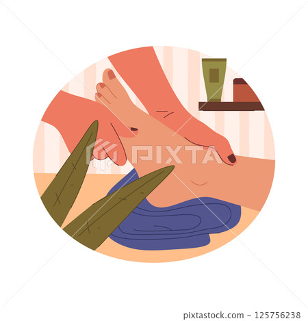 Vector foot massage sign. Flat banner for relaxation therapy and reflexology treatment. Symbol for spa care and service. Pressure relief for health and tension release. Holistic healing and pampering. Vector foot massage sign. Flat banner for relaxation therapy and reflexology treatment. Symbol for spa care and service. Pressure relief for health and tension release. Holistic healing and pampering. 125756238