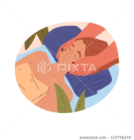 Facial massage vector poster. Sign for beauty therapy and skincare. Spa salon symbol for relaxation and anti aging treatment. Face rejuvenation, hydration and glow. Soothing care, stress relief. 125756239